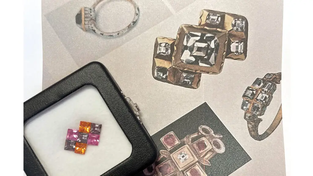 Image of sketches and gem lay-outs from Cora Sheibani