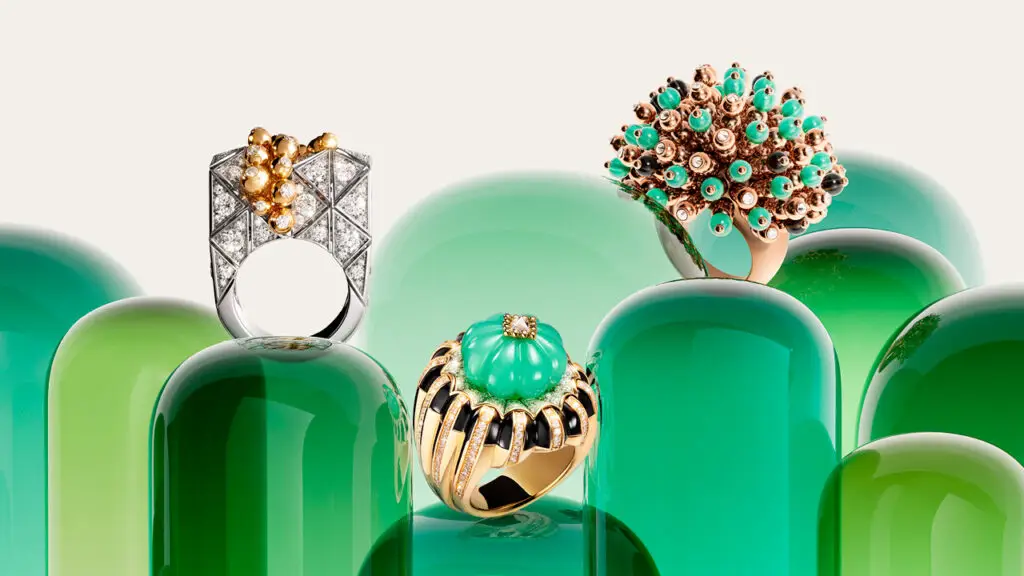Rings from Cartier’s Tutti Tutti collection in yellow and white gold, chrysoprase, onyx, and diamonds image