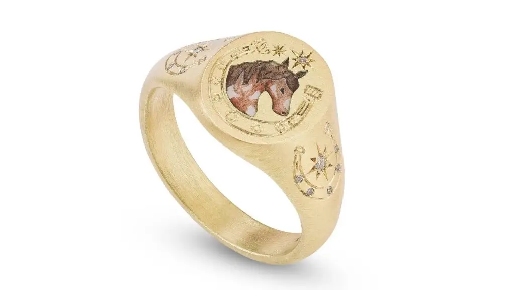 Cece Jewellery Wild Horse ring with champlevé enamel and diamonds in 18 karat yellow gold image