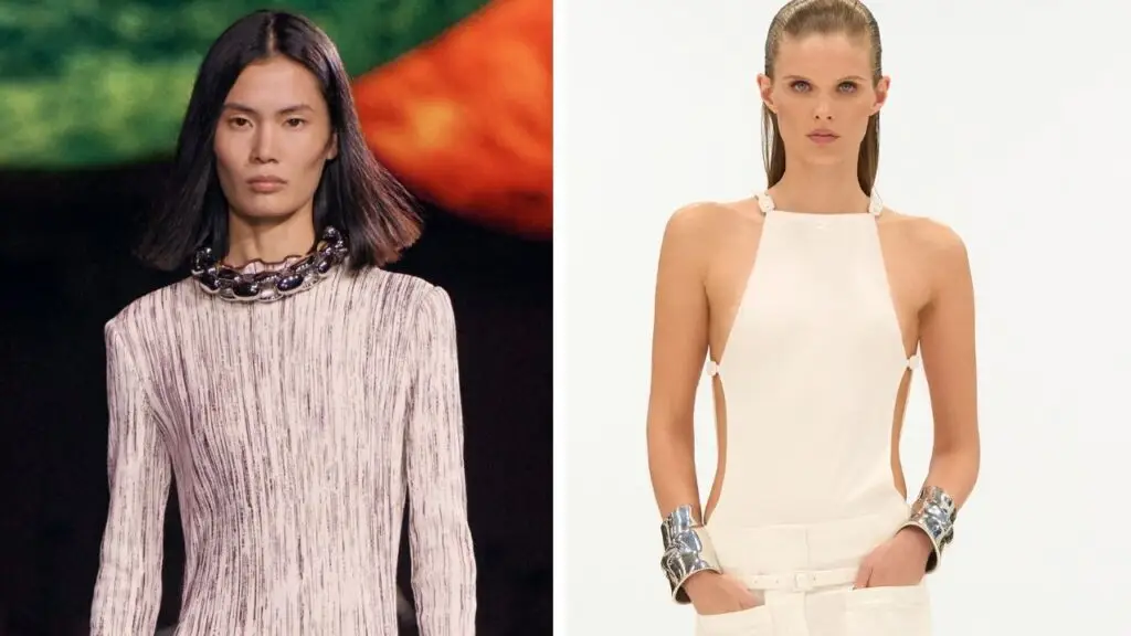 Chanel swapped its usual pearls for silver-tone curb-link chokers (left), while Courreges showed off silver-tone cuffs image
