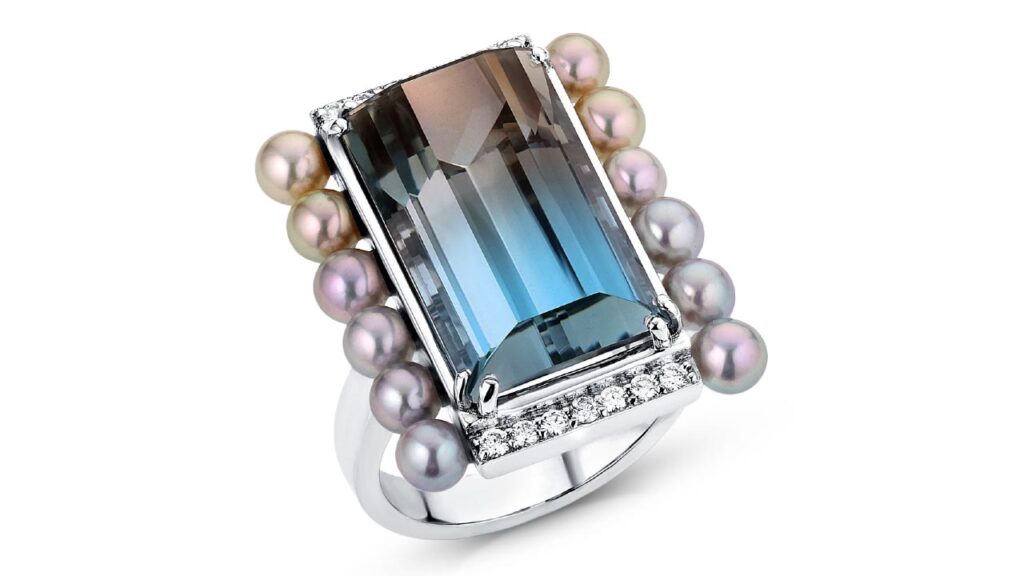 Ring with topaz, cultured akoya pearls, and diamonds image