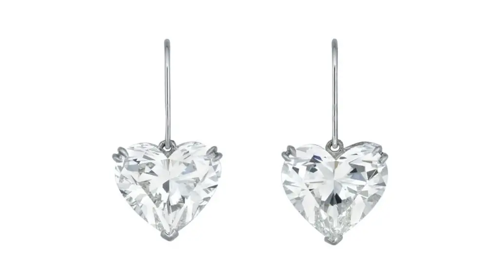 A pair of diamond earrings features heart brilliant-cut diamonds, one a 5.09-carat, G-color, VS2 and the other a 5.20-carat, H, VVS2 diamond at Christie's image