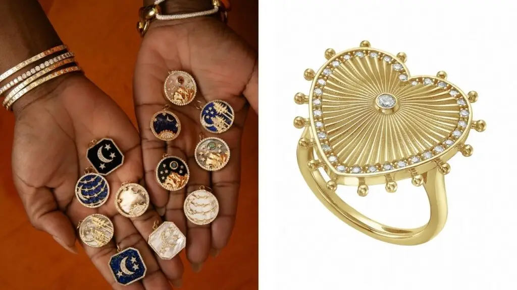 Left: A selection of Lionheart charms with gold and diamond motifs over cuts of hard stone or mother-of-pearl. Right: The Cassandane ring in 18-karat gold and diamonds image