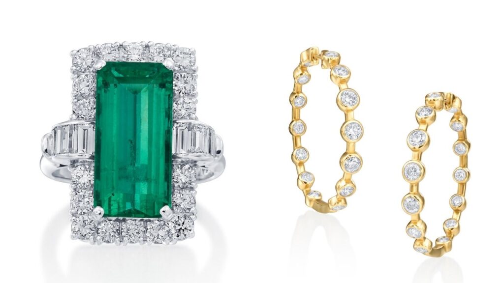 An emerald ring with a diamond surround and baguette-cut diamond shoulders (left), and a pair of 18-karat-gold hoop earrings with 28 bezel-set diamonds from the Eiseman Jewels Collection image