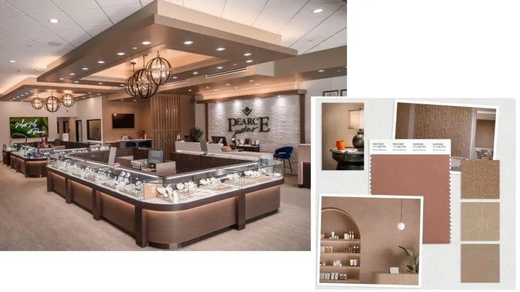 Images of a Pearce Jewelers, left, in Lebanon, New Hampshire alongside a mocha mousse palette image