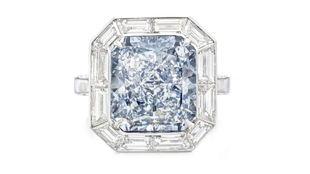 Cut-cornered rectangular-cut, 9.01-carat, fancy-blue, VVS2-clarity diamond ring image.