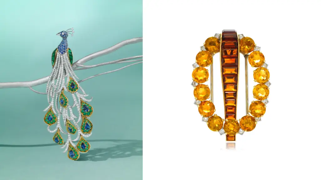 From left a Harry Winston Peacock brooch and a 1930s Cartier citrine brooch image
