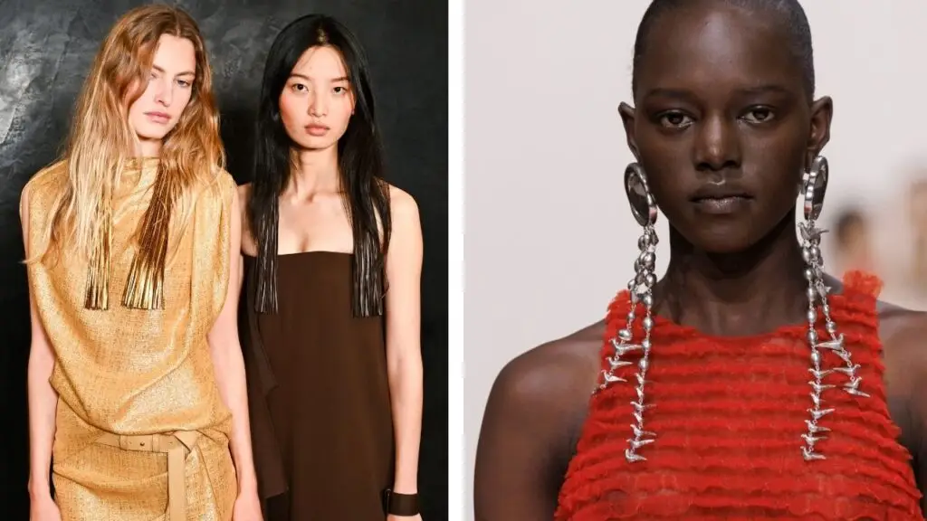 Long leather tassel earrings at Michael Kors (left) and Givenchy’s silver earrings with bird motifs image