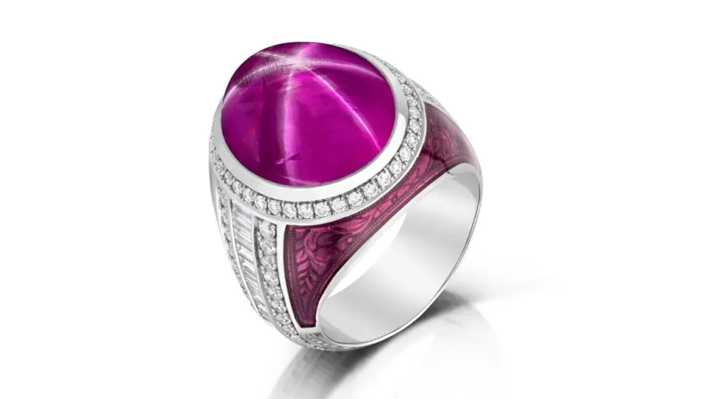 The platinum Rock Star ring with a 24.62-carat, unheated star ruby cabochon from Sri Lanka in a bezel setting with 2.50 carats of diamonds image