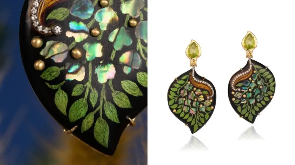 Leaf shaped earrings by Silvia Furmanovich in wood with abalone inlay image