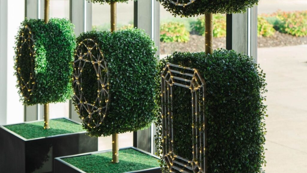 Diamond-shaped topiary in the window at Kesslers Diamonds in Grand Rapids Michigan image