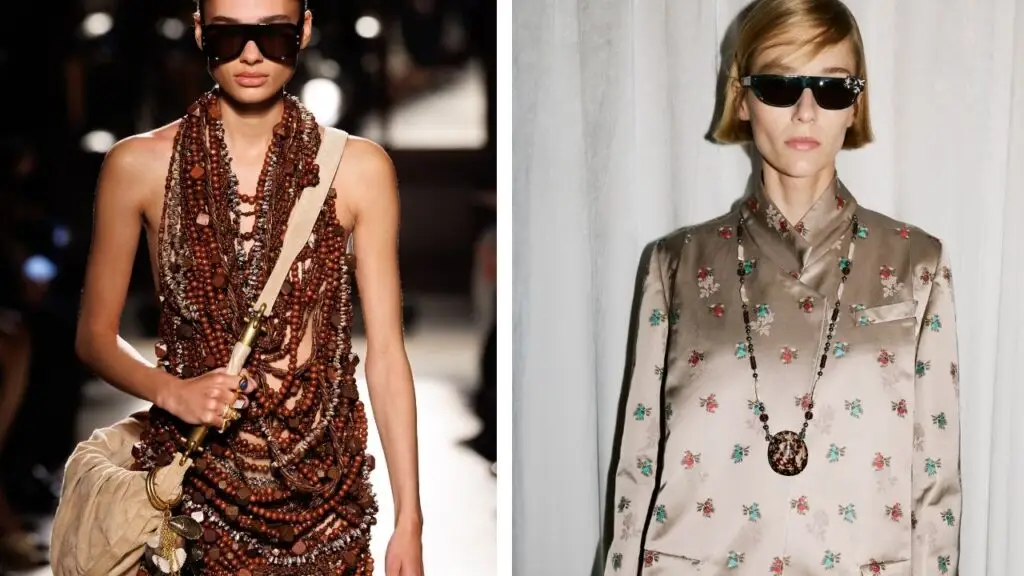 A dress of wooden bead necklaces at Balmain (left) and a shell necklace at Tory Burch image
