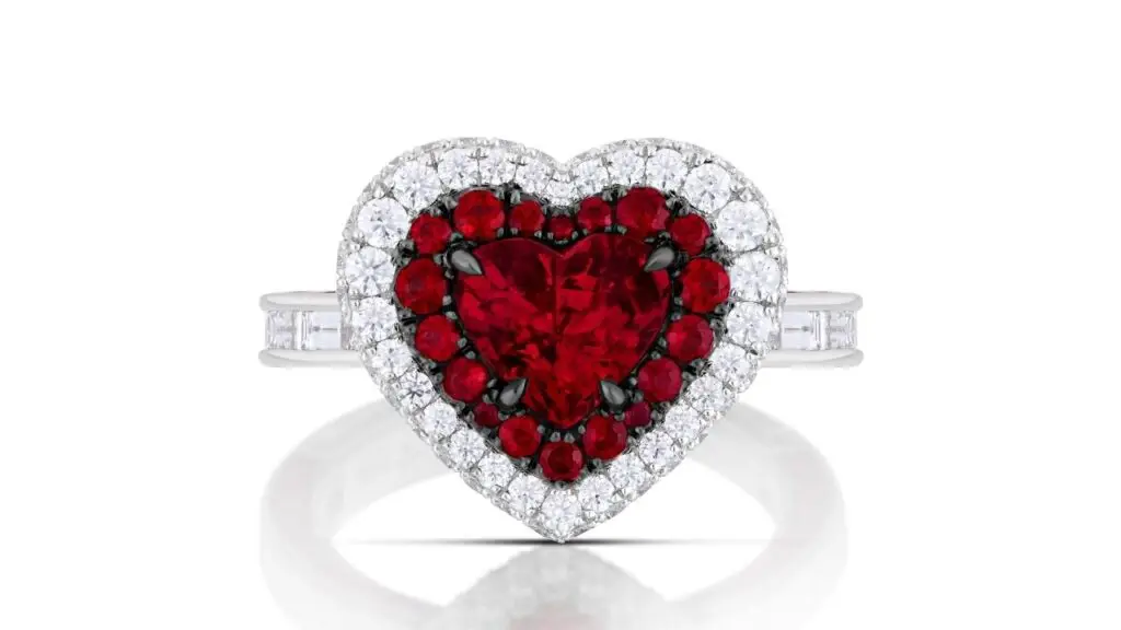 The platinum Love Struck ring with a heart-shaped Mozambique ruby as well as round rubies and round and baguette diamonds image