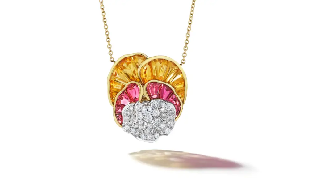 Pansy necklace with custom cut citrines and pink tourmalines, and round diamonds image