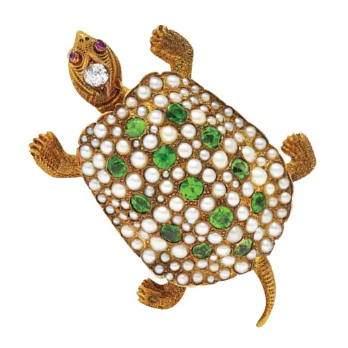 Riker Brothers Art Nouveau turtle brooch set with diamonds, demantoid garnets, pearls and rubies, from Wilson’s Estate Jewelry. (Wilson’s Estate Jewelry)