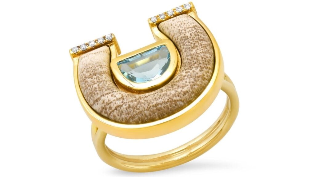 Sig Ward Horseshoe ring with topaz, petrified wood and diamonds in 14-karat yellow gold image
