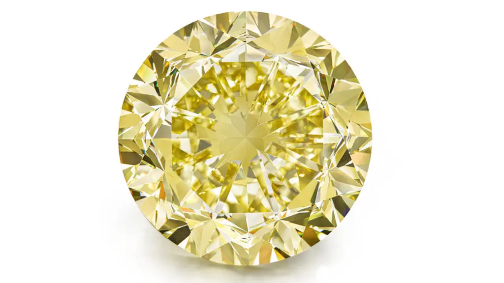 Round brilliant-cut, 67.20-carat, fancy-vivid-yellow, VVS2-clarity diamond ring image.