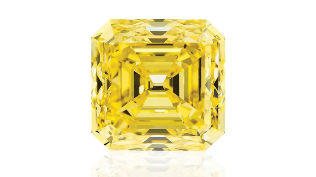 Square emerald-cut, 45.07-carat, fancy-vivid-yellow, VS1-clarity diamond ring image.