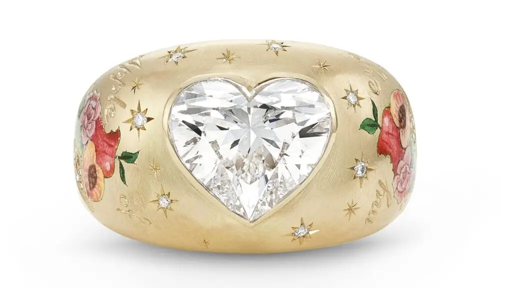 Apple of My Eye ring by Cece Jewellery in 18-karat gold and colorful enamel with a heart-shaped, 3-carat diamond image