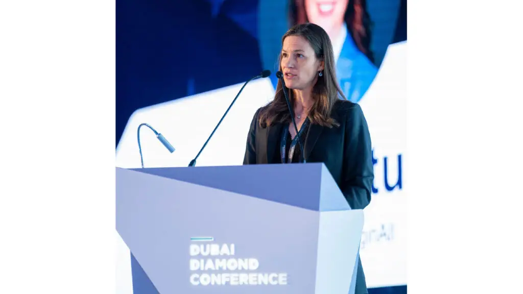 Margot Stuart, cofounder of supply-chain transparency firm OriginAll, speaknig at the 2024 Dubai Diamond Conference image