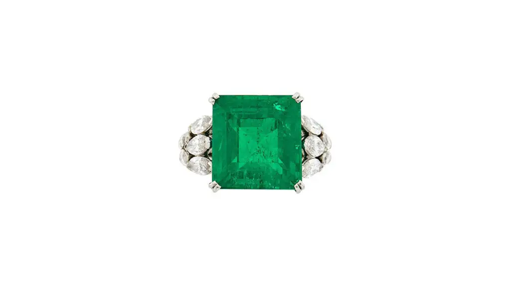 Harry Winston square emerald-cut Colombian emerald ring shouldered by 10 marquise-shaped diamonds at Doyle image