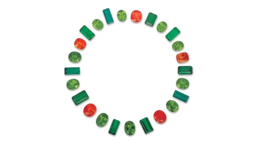 Image of Constantin Wild’s Dance of the Jungle suite, consisting of tourmaline, peridot and mandarin garnet