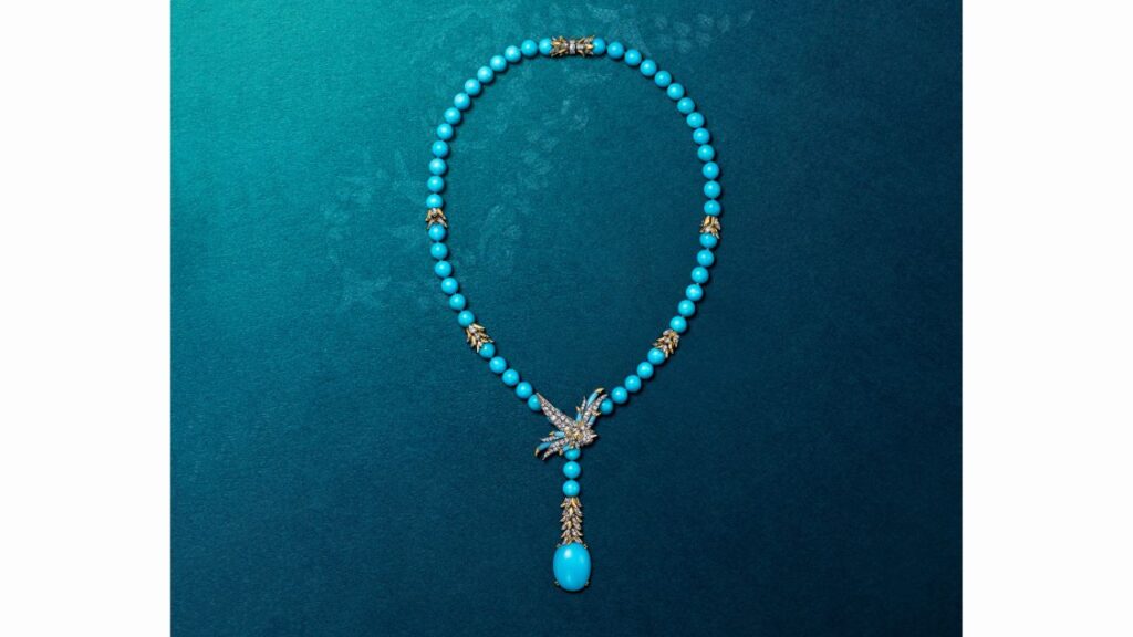 Tiffany & Co.’s Bird on a Rock by Tiffany necklace in gold and diamonds with turquoise beads image