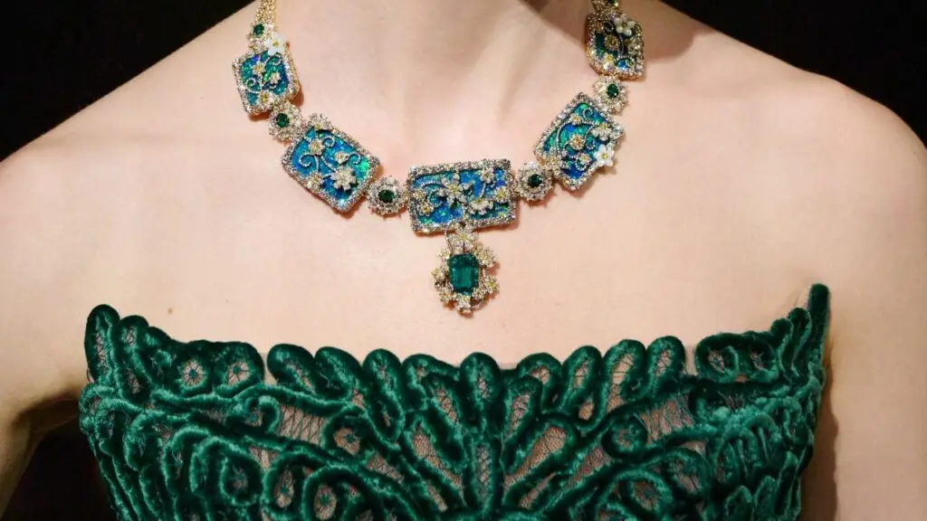 A model wearing a black-opal necklace on the catwalk at Dior image