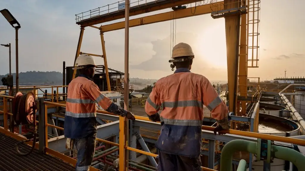 Image of workers look out over the processing plant at Ity, part of the SMO initiative