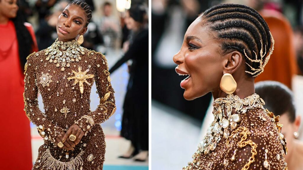 Image of Michaela Coel wearing SMO gold jewelry by Emefa Cole to the Met Gala
