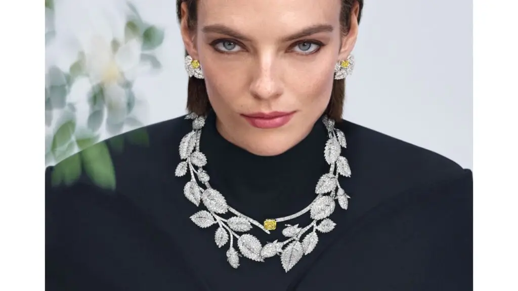 The Wild Rose necklace and earrings from Chaumet's Jewels by Nature collection with yellow and white diamonds in white gold image