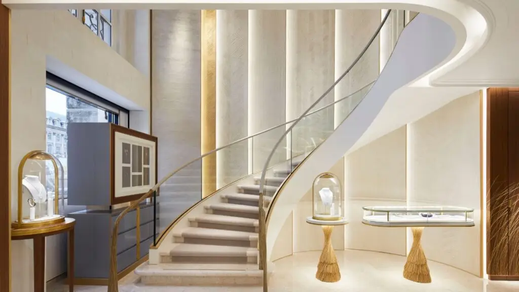 A staircase and jewelry displays inside Chaumet’s Place Vendôme boutique image