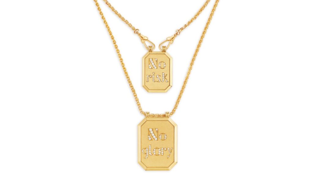 Gold Marie Lichtenberg necklace with two pendants that together read No Risk, No Glory in diamonds image