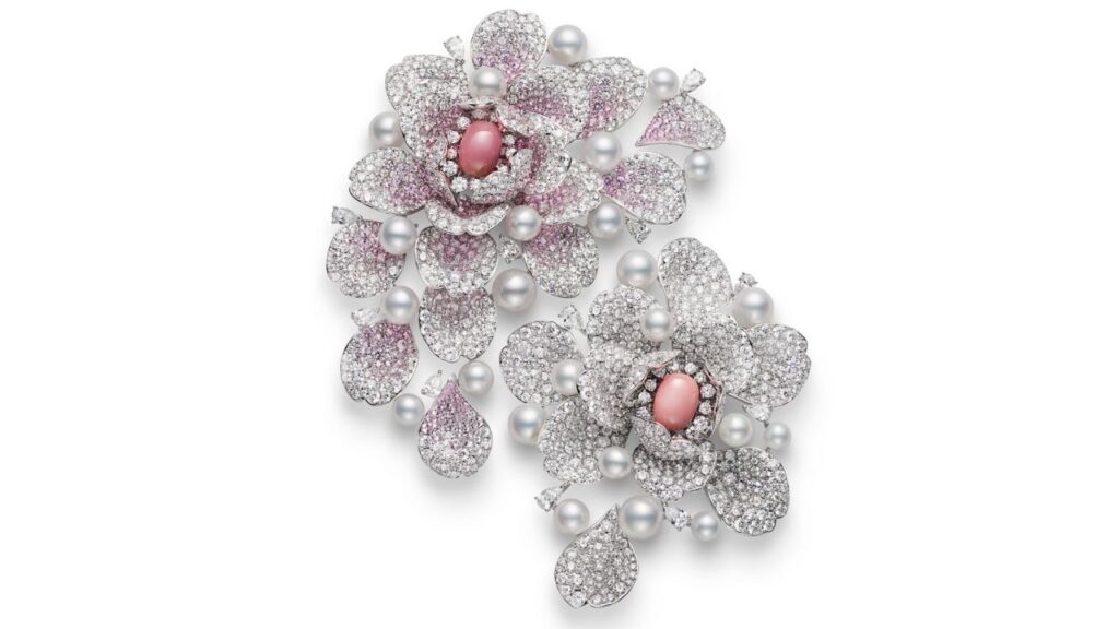 Mikimoto diamond brooch with pink and white pearls image