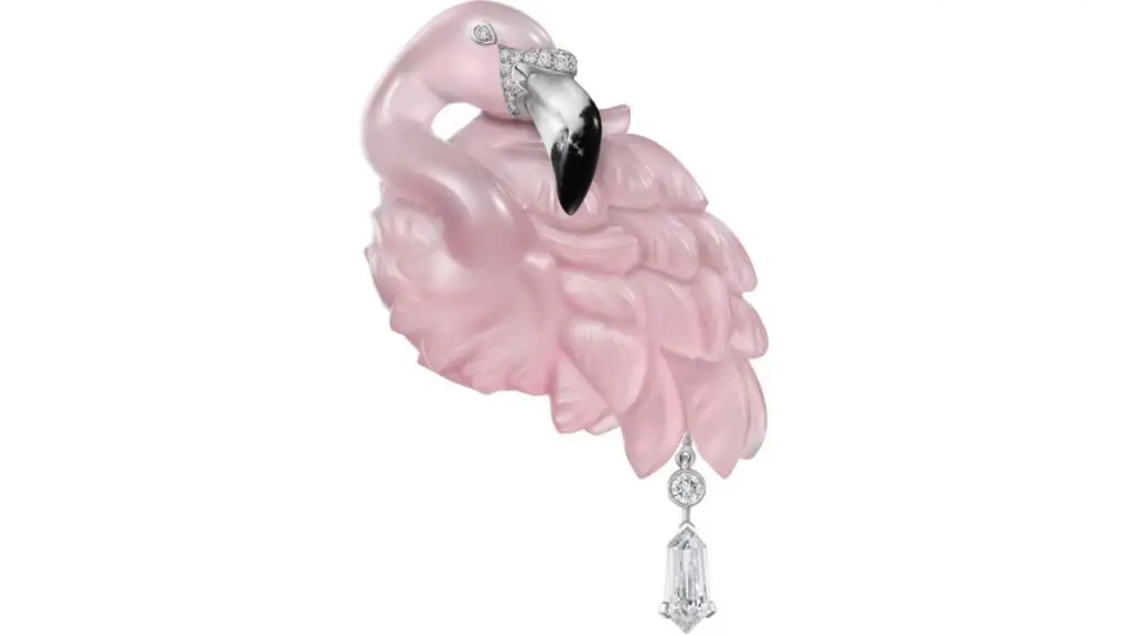 Flamingo brooch from Cartier's En Équilibre collection with carved pink quartz, agate, and diamonds image