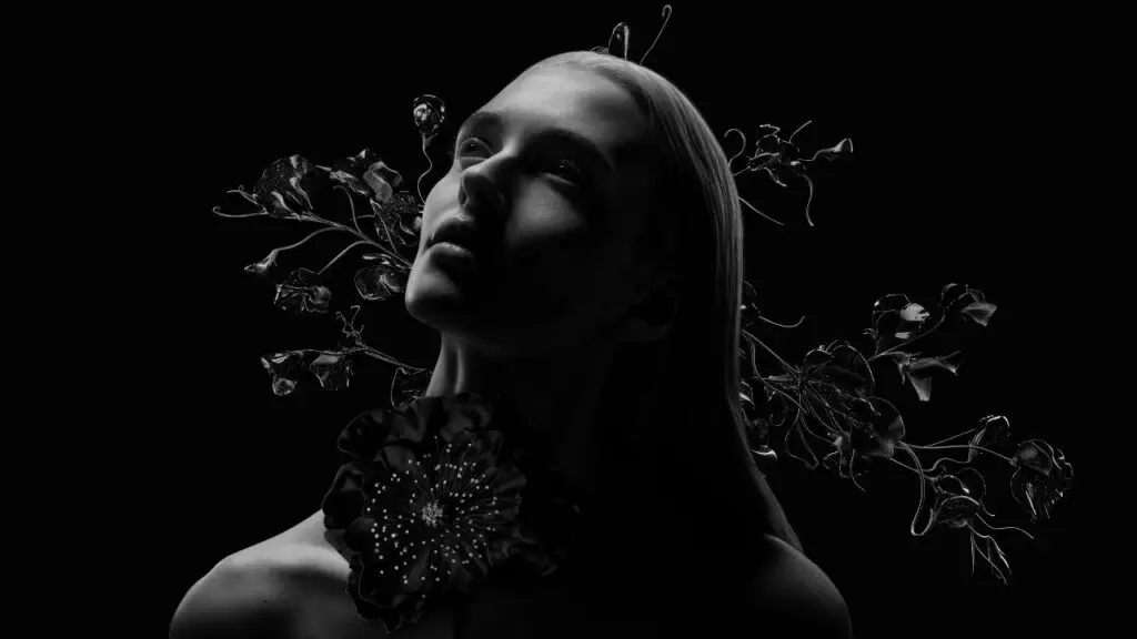 Model wearing Boucheron's Poppy brooch in Vantablack-coated titanium with black spinels image