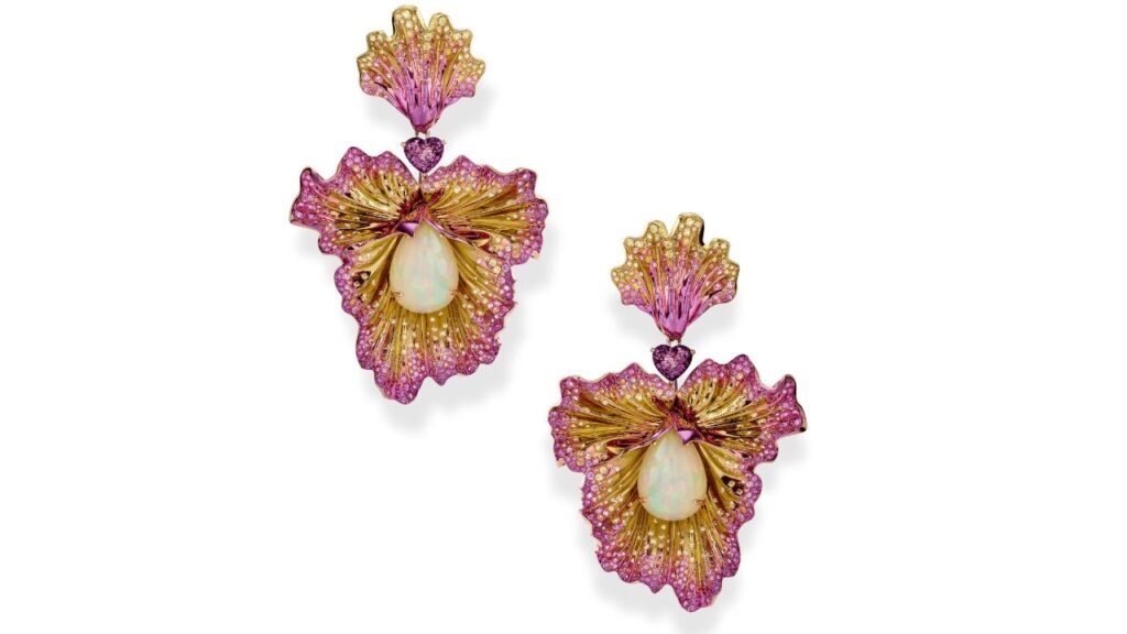 Chopard earrings in titanium with white opal cabochons, heart-shaped pink sapphires, and diamond, ruby and sapphire pavé image