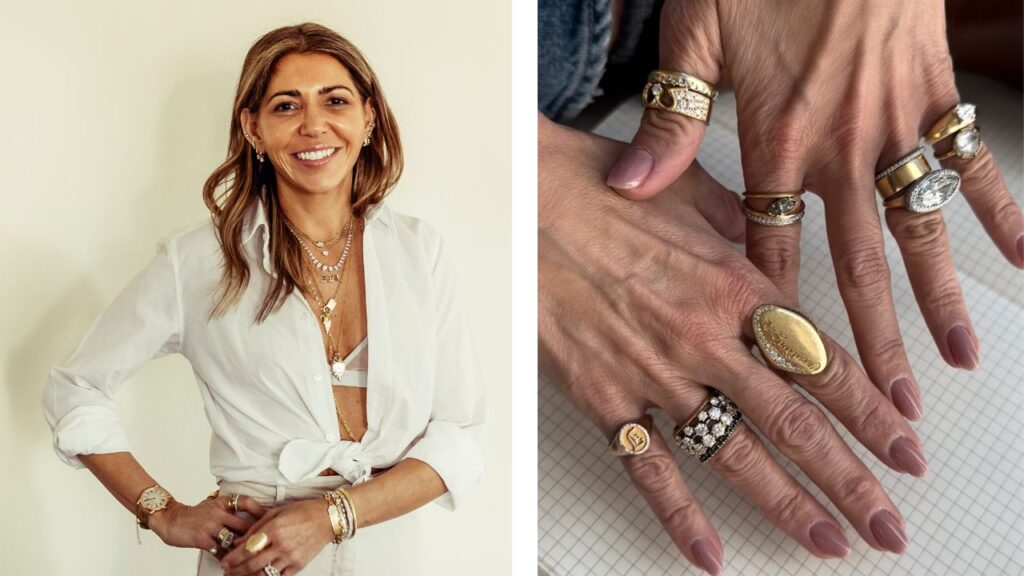 Designer Jade Trau next to an image she shared on Instagram of her personal ring stacks image