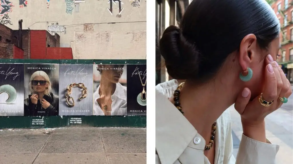Promotional posters and gold and gemstone jewelry from the Monica Vinader x Kate Young collection image