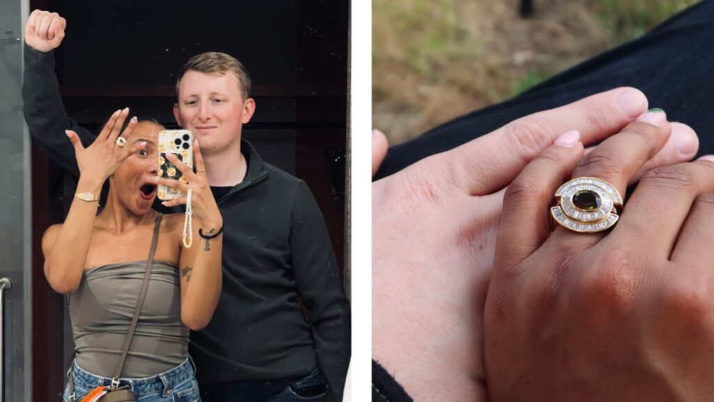 A couple with their Annoushka engagement ring, which features an andalusite center stone inside two baguette-diamond ring jackets image