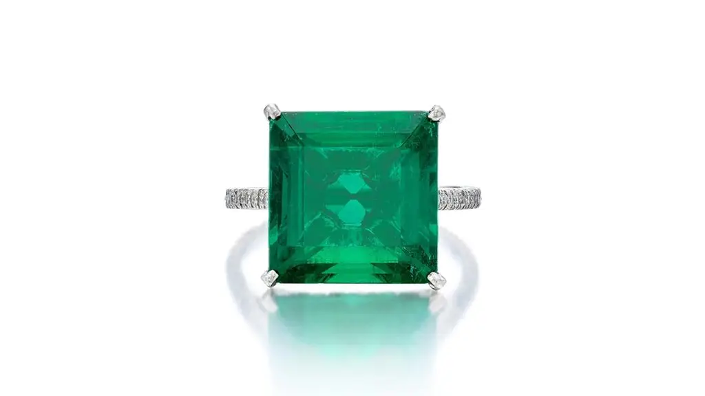 JAR ring featuring a square emerald-cut, Colombian emerald in a mounting pavé set with single-cut diamonds at Sotheby's image
