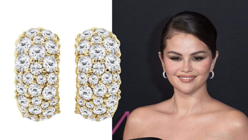 Selena Gomez next to a pair of Grown Brilliance earrings that Mega Mega Projects got for her