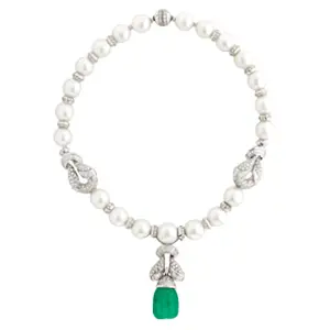 Giovane Piranesi pearl, emerald and diamond drop necklace from Yamron Jewelers image