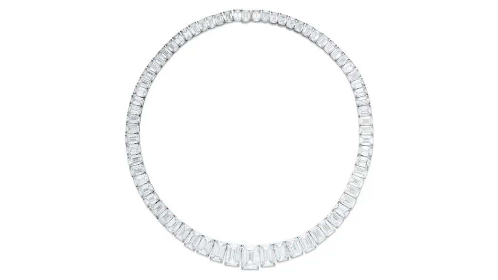 Necklace with 71 graduating emerald-cut, D-color, internally flawless and flawless diamonds weighing 114.92 carats image.