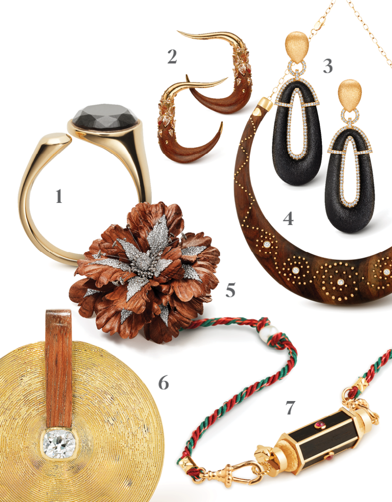 Assorted jewelry pieces each containing both gold and wood image