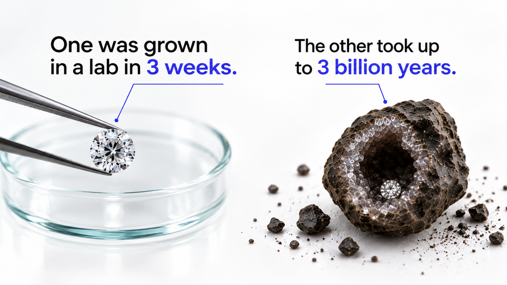 Synthetic diamonds grown in a lab in 3 weeks vs. a natural diamond in 3B years image