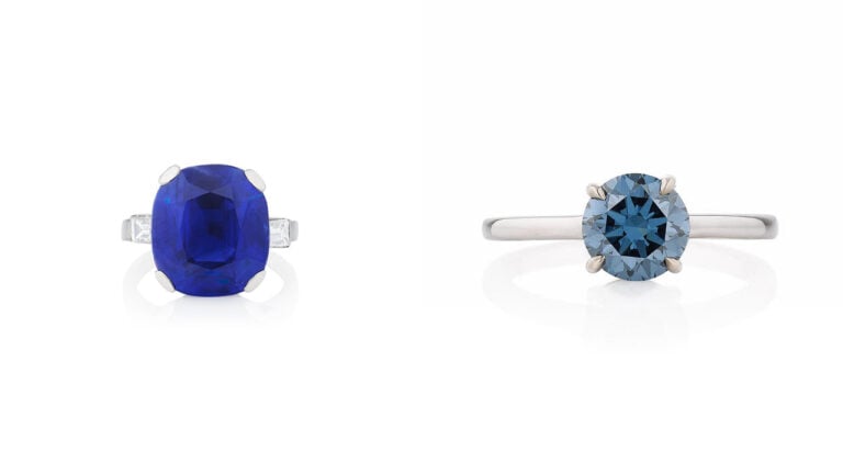 The 16.40-carat sapphire ring (left) and 1.35-carat blue-diamond ring (right) at Phillips image