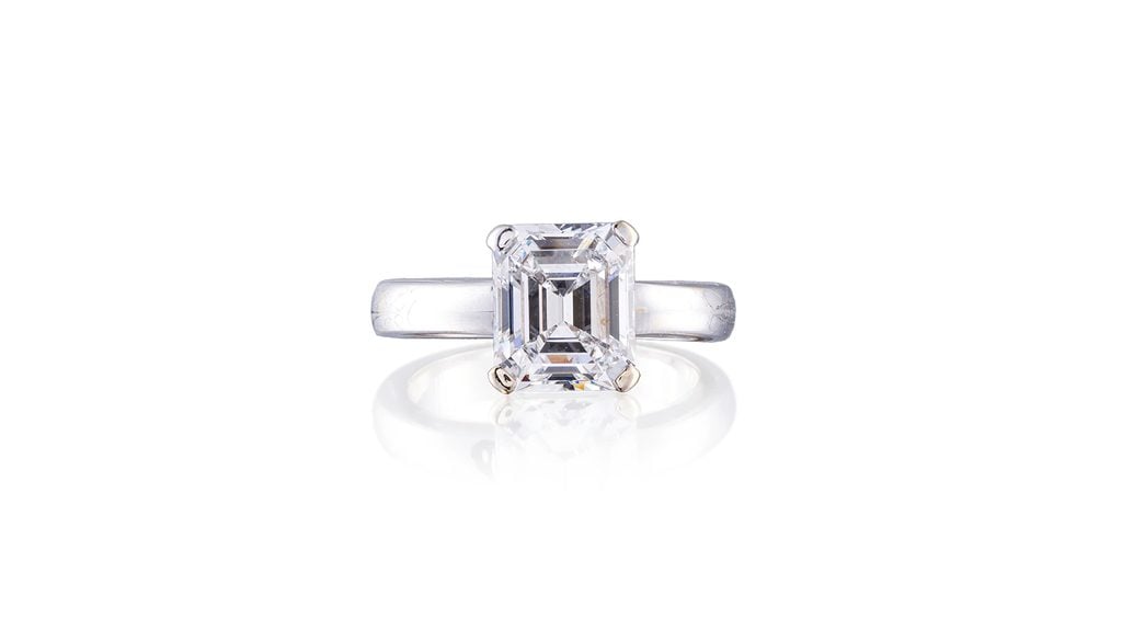 This ring features an emerald-cut, 3.05-carat, D, internally flawless-clarity diamond at Bonham image