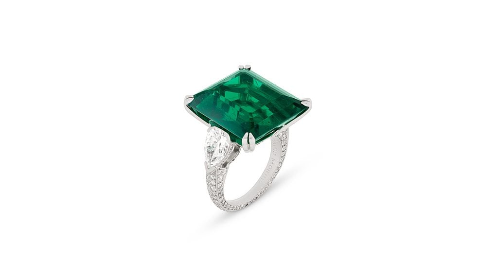 Another David Morris ring, this one with a square-shaped, 17.81-carat Colombian emerald center stone and pear-shaped and single-cut diamonds at Christie's image