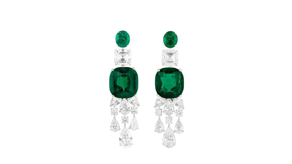 These Graff earrings feature cushion-shaped, 17.37-carat and 17.08-carat Colombian emeralds, oval-shaped emeralds weighing 3.13 and 2.73 carats, 5.15-carat and 5.01-carat square emerald-cut diamonds and pear brilliant cut diamonds ranging from 1 to 2.55 carats at Christie's image